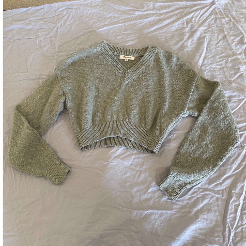 Madewell XS Gray Cropped V-Neck Knit Sweater Long Sleeve